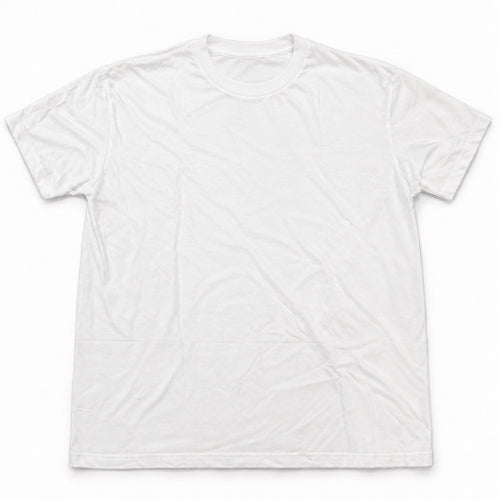 Plain front of a white short-sleeve crewneck T-shirt.